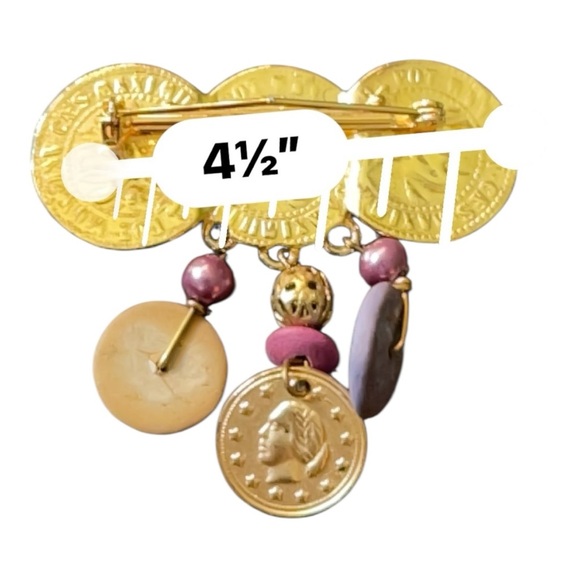 Gold Coin Brooch with Purple Accents - Picture 7 of 7